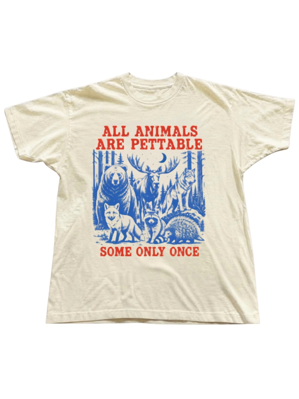 Gildan All Animals Are Pettable Graphic Tee - Cream with Blue & Red Print